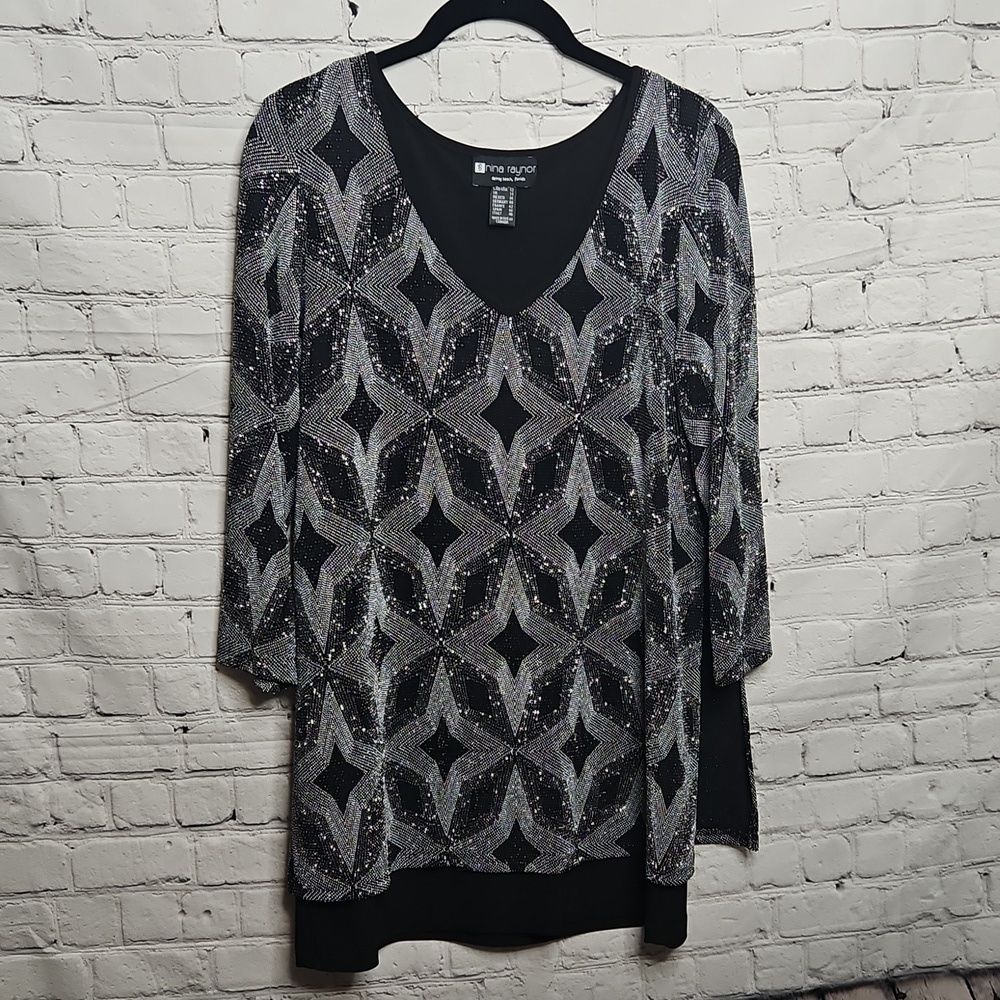 Nina Raynor Sequined Tunic Top Layered V Neck Size 12
